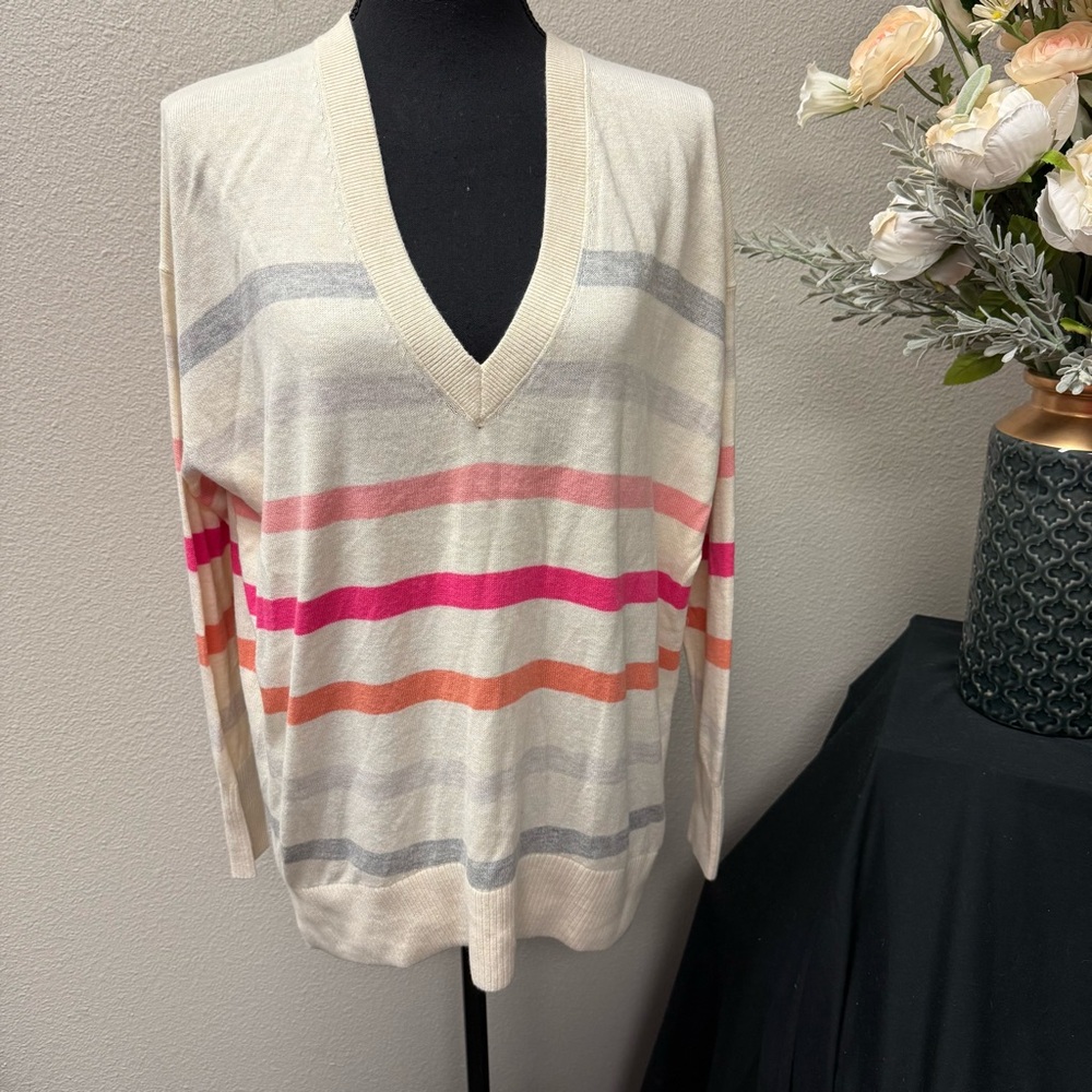 LOFT Cream Multicolor Stripe V-Neck Sweater S Soft Lightweight Knit Spring - Picture 1 of 7